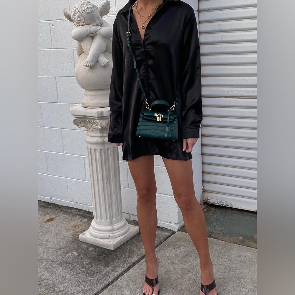 Princess Polly Black Satin Shirt Dress